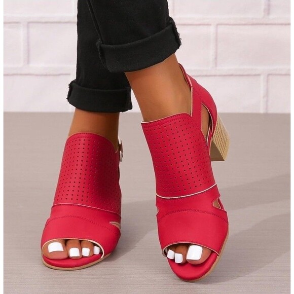 Red Peep Shootie Open Toe Perforated Sandals Cutout Block Heels Size 11 NEW - Picture 4 of 6